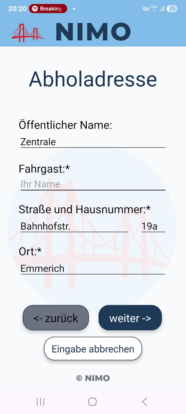 Eingabe der Abholadresse in der NIMO App