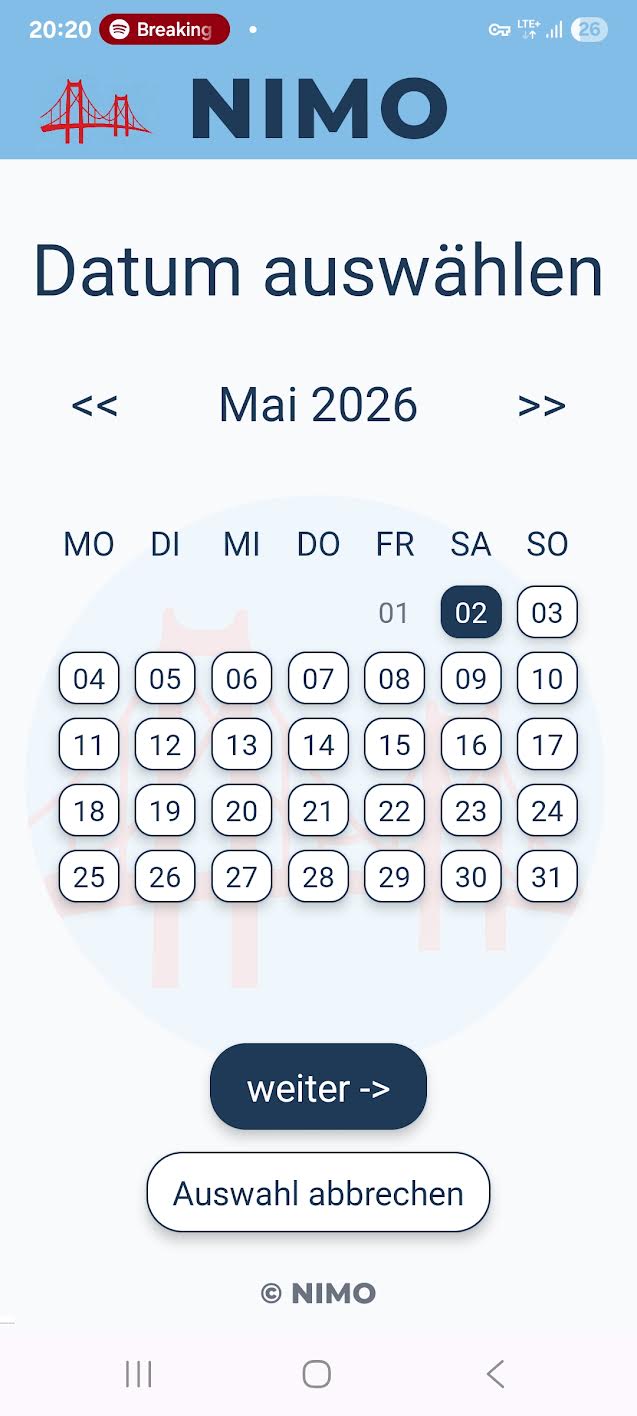 Auswahl des Fahrtdatums in der NIMO App