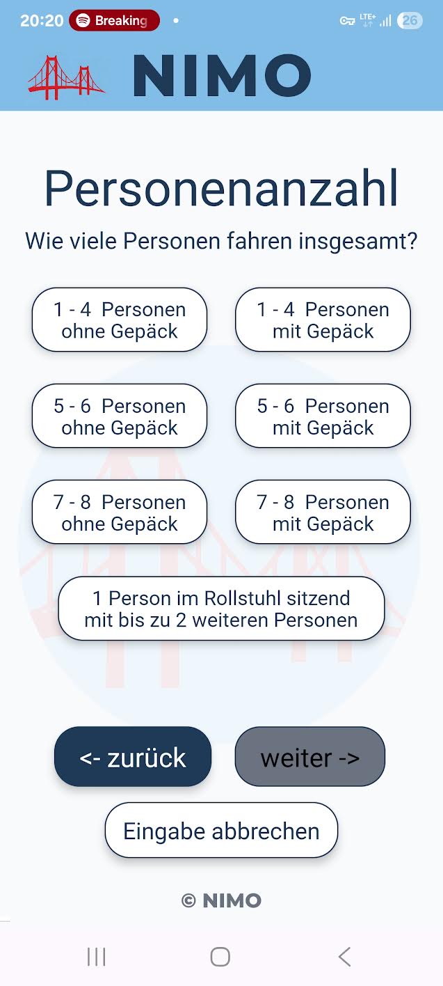 Auswahl der Personenanzahl in der NIMO App