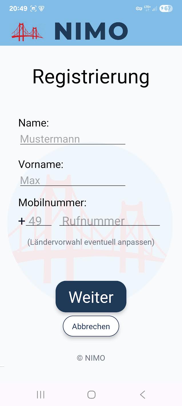 Registrierung in der NIMO App