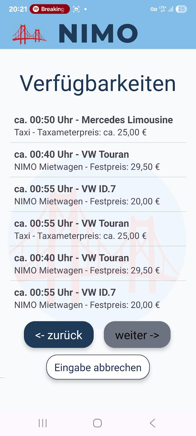 Verfügbarkeitsprüfung einer Fahrt in der NIMO App